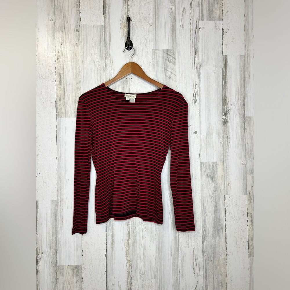 Ann Taylor Women's Long Sleeve Striped Top Red Navy Blue Size Medium
